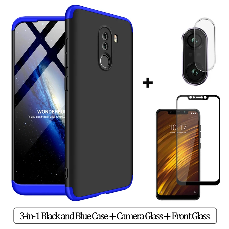3-in-1BlackBlue Case 3-в-1 Стекло+ бронированный чехол для телефона xiaomi pocophone F1 case 360 Жесткий ПК анти-противоударный бампер чехол pocofone f1 оригинальным стеклянным корпусом xiaomi pocophone f1 чехол на Покофон Ф1 чехол - Цвет: 3-in-1BlackBlue Case