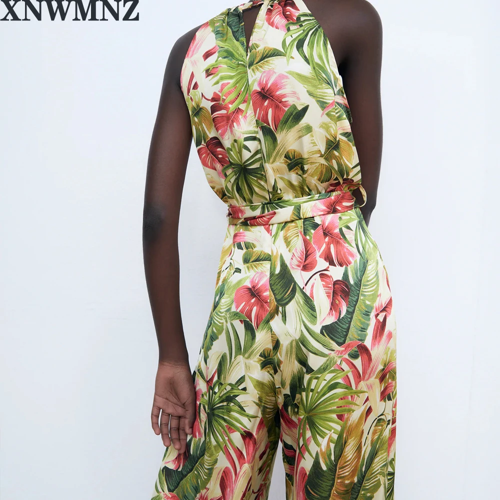 XNWMNZ za Summer Beach Style Halter Jumpsuits Women Fashion Loose Printed Jumpsuit Women Elegant Long Jumpsuits Female Ladies
