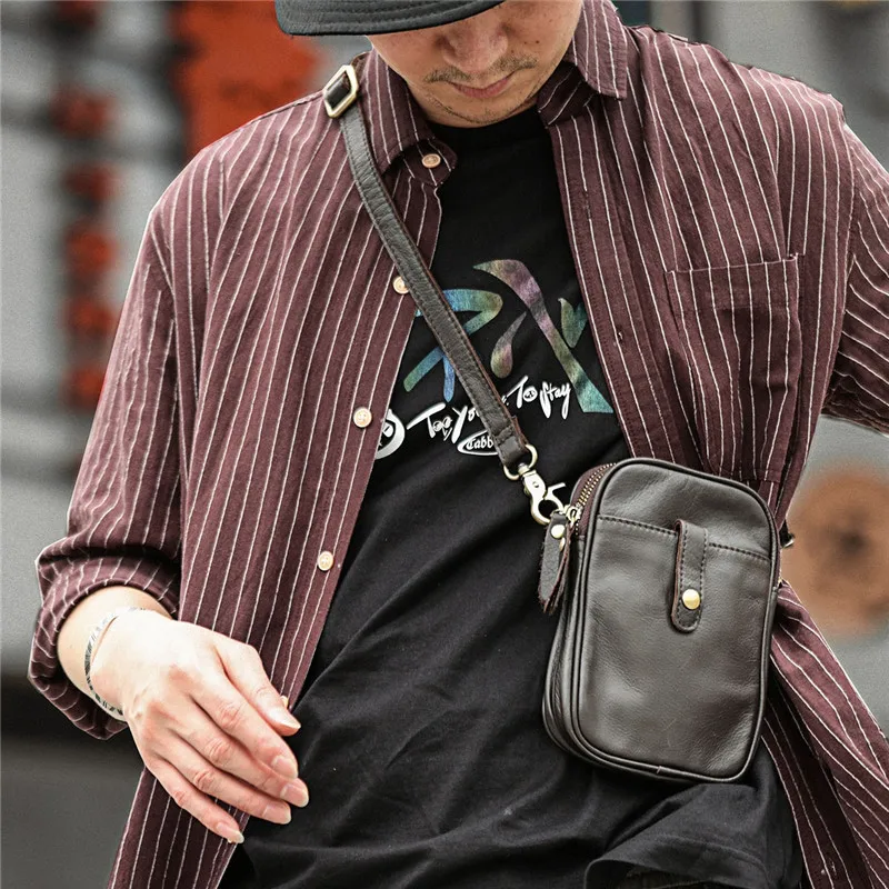 

Casual Men's mini one shoulder small bag natural genuine leather retro mobile phone bag cowhide waist bag multi-function bag