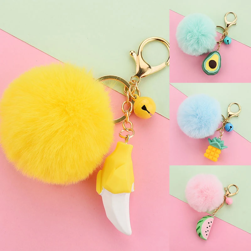 

Cute Fluffy Pompom Keychain Women Girl Resin Watermelon Avocado Key Chain Faux Fur Bag Charms Pendant Key Ring Bells Pom Pom New