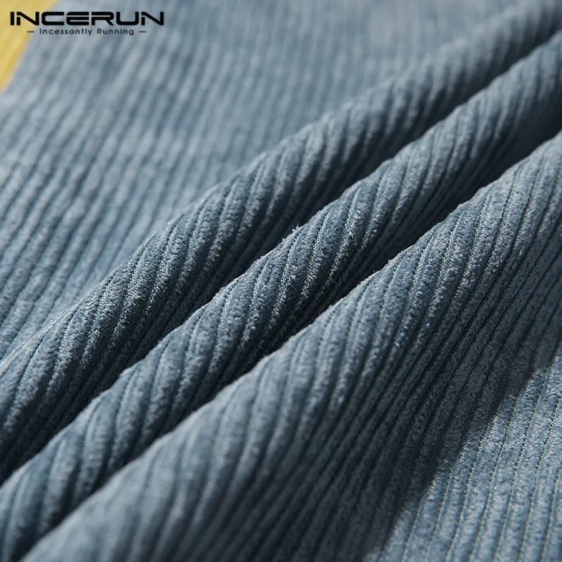 

2021 Men Corduroy Shirt Lapel Long Sleeve Color Block Patchwork Casual Blouse Button Tops Streetwear Camisa Masculina INCERUN