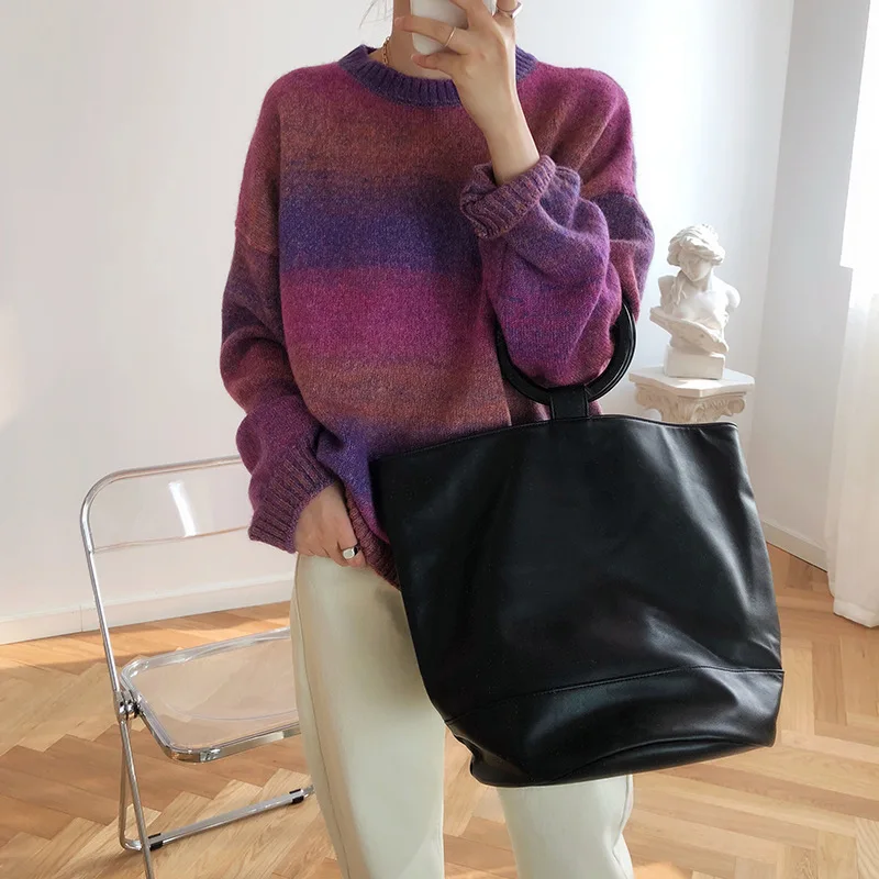 Striped Rainbow Mohair Jumper Women Autumn Winter Loose Gradient Color Knitting Sweaters and Pullovers Lantern Sleeve Coat Tops | Женская