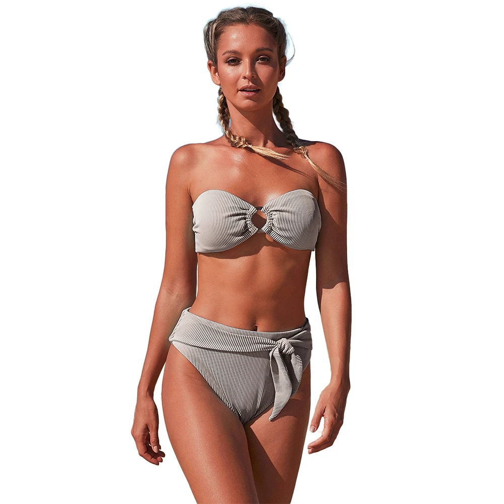 

High Waisted Striped Bikini 2020 Woman Bandeau Bathing Suit Push Up Swimwear Tube Top Sexy Two Piece Swimsuit For Women