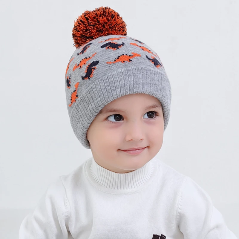Детская осенне зимняя шапка с рисунком динозавра для маленьких мальчиков и