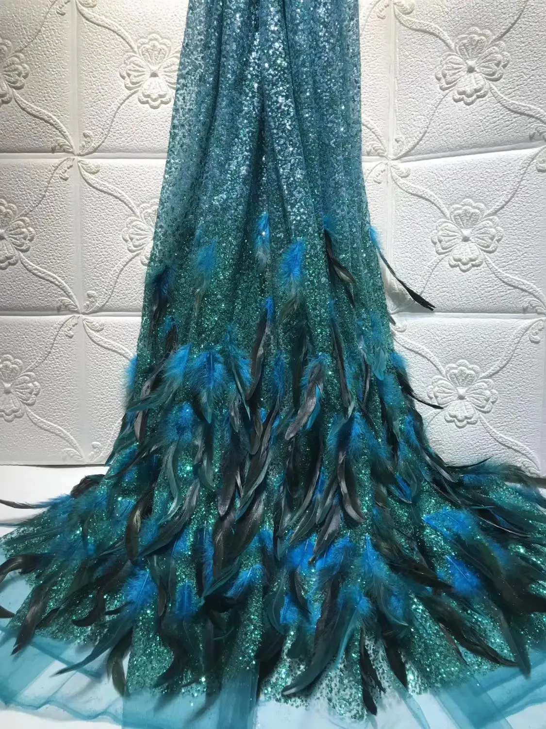 Красивая нигерийская вышитая кружевная ткань с перьями африканская сеткой