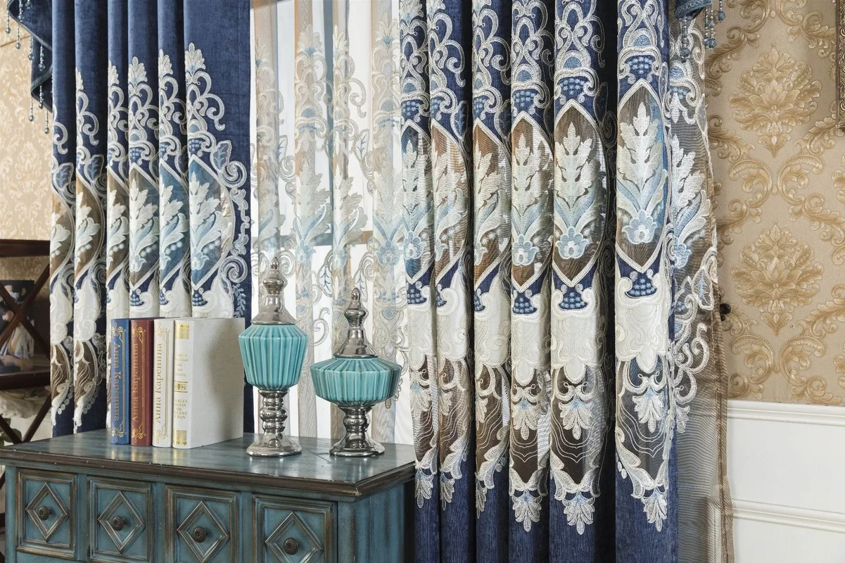 

High-end European rope embroidered curtains water-soluble hollow chenille for bedroom living room villa curtains tulle custom