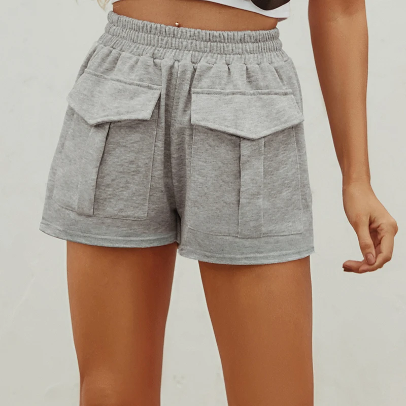 Женские повседневные шорты с высокой талией однотонные серые прямые эластичным