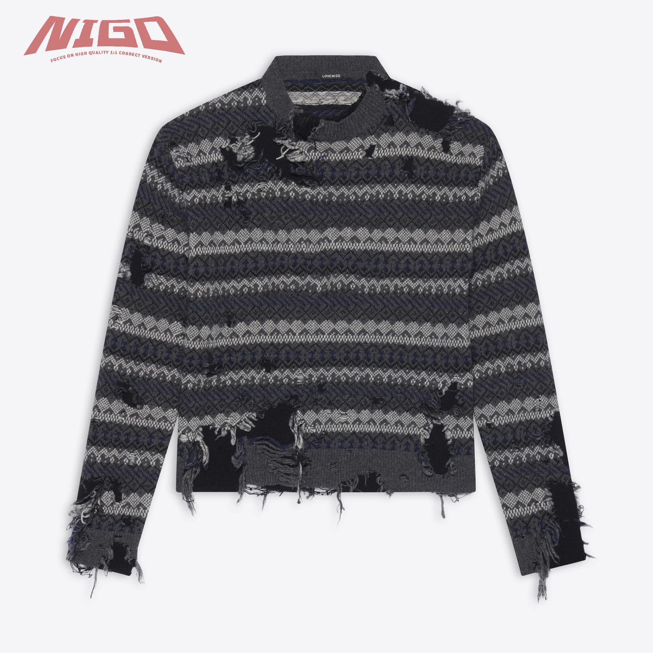 

NIGO разорванная круглая шея в сером цвете перезастёгивающаяся шерстяная вязка # nigo3723