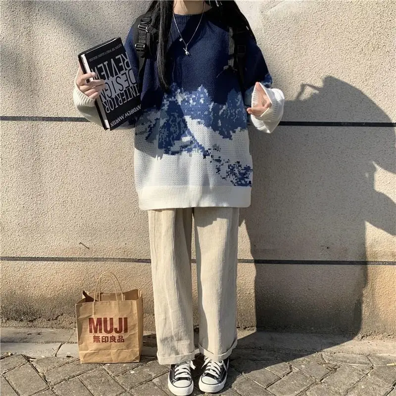 

Пуловеры женские толстые свитера Жаккардовые Зимние студенческие Лоскутные трикотажные изделия Горный принт с круглым вырезом теплые длинные рукава