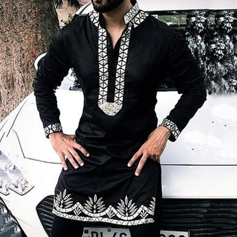 

African Men Dashiki Riche Print Long Sleeve Black Shirt Plus Size Muslim Traditional Clothes Dubai Casual Tops Fashion Blouse