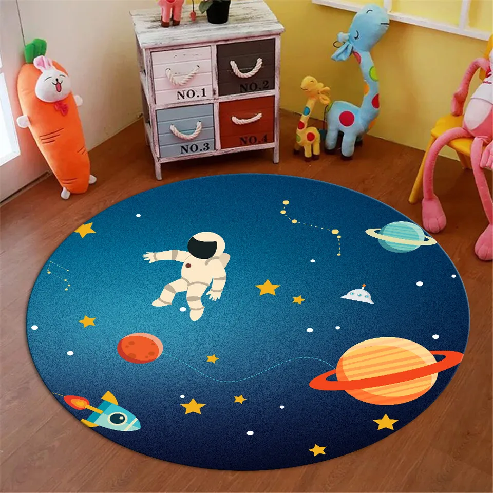 

Cartoon Space Astronaut Children's Mat Round Blue Rugs For Boys Bedroom Soft Flannel Play Mat Nordic Kawaii Rug Bedside Capet