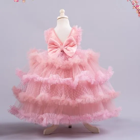 

Custom Princess Flower Girl Dress for Wedding Layered Polka-dot Tulle Big Bow Girls Pageant Gowns Birthday Party Dress