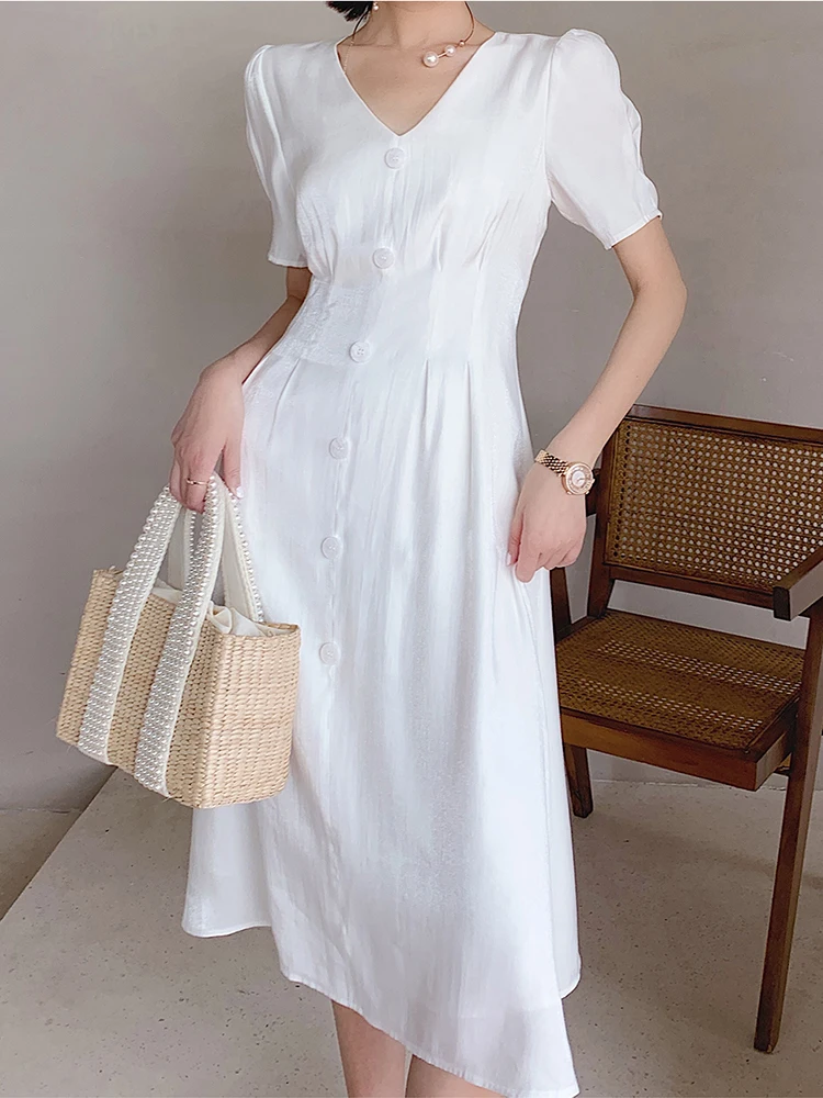 Женское шелковое атласное платье элегантное белое однобортное во французском