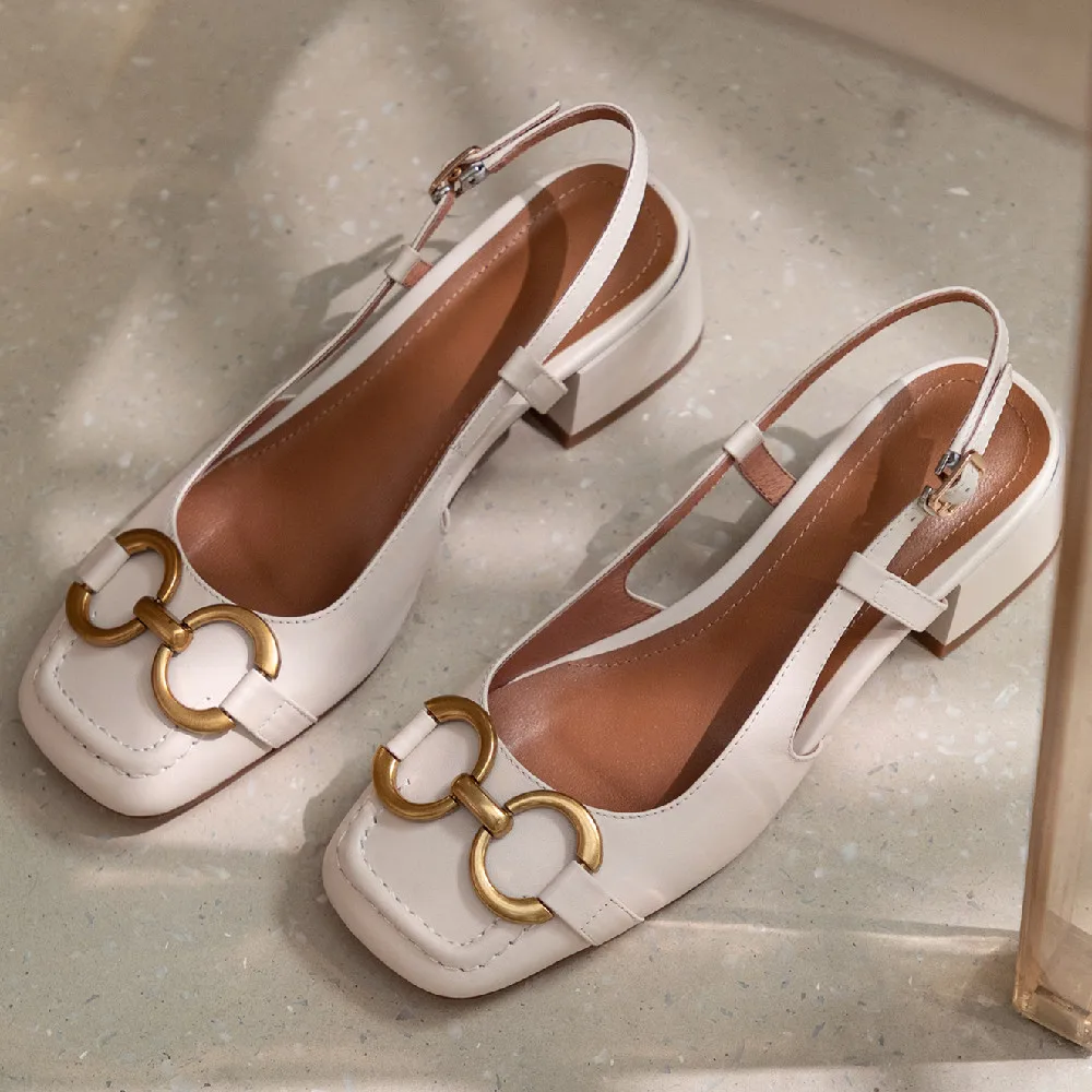 

Women's genuine leather slingback square toe metal buckle slip-on flats sandals high quality casual comfortable summer shoes hot