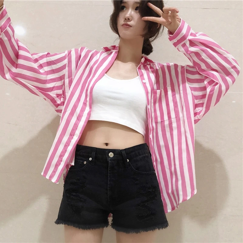 

Women's College Style Loose Large Size Slimming Shirt Simple Striped Lapel Stand Collar Long Sleeve Sunscreen Shirt Pink