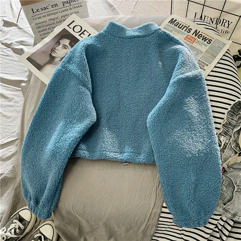 

2021 Autumn Winter New Cashmere Sweatshirt Women's Fashion Plush Loose Letter Korean Short Jacket Kpop Sweatshirt