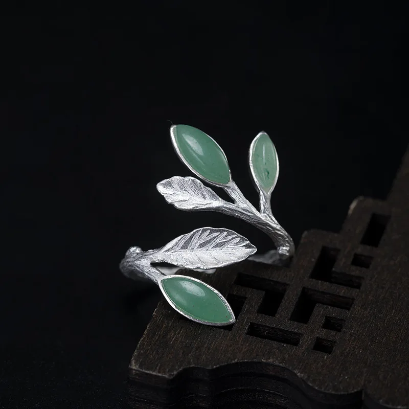 

925 Sterling Silver Natural Stone Cat's Eye Aventurine Leaf Rings For Women Adjustable Jewelry Female 2021 Trend Gift