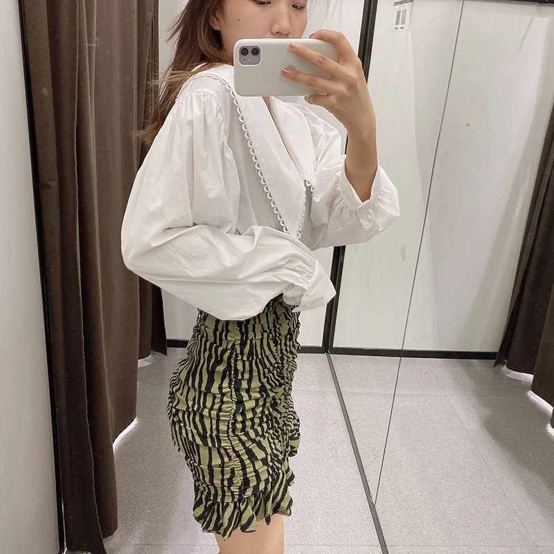 

YOSIBCD Women 2021 Chic Fashion Leopard Print Ruffle Draped Skirt Vintage High Waist Back Zipper Female Skirts Mujer
