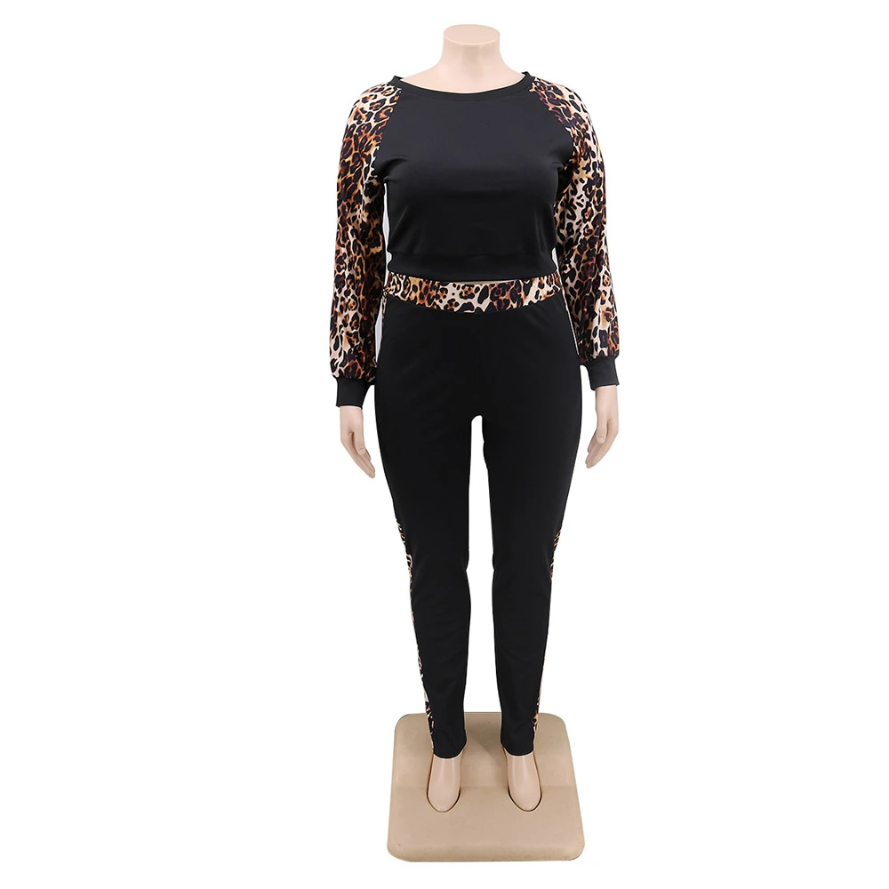 

Leopard Stitching Fitness 2 Piece Set Women Suit Sportwear Summer Outfits Long Sleeve Crop Top Leggings Ladies Tracksuit Female