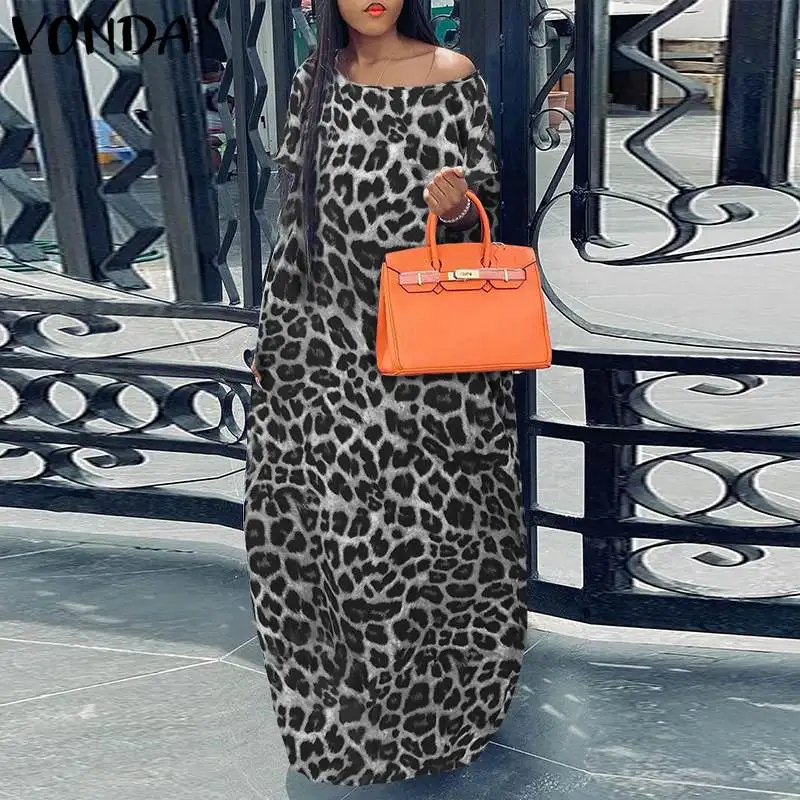 

Party Maxi Dress 2021 VONDA Autumn Off Shoulder Vintage Leopard Printed Dresses Women Kleid Sundress Ladies Bohemian Vestidos