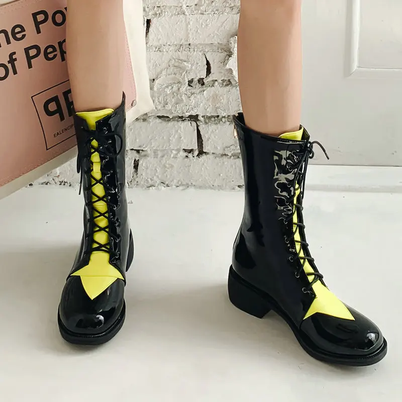 Морской волны для девочек Женская обувь Модные мотоботы на низком квадратном