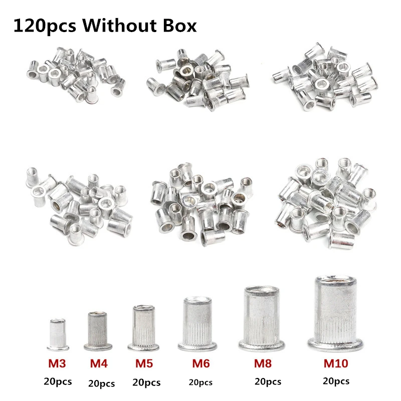 120pcs 190 шт. M3 M4 M5 M6 M8 M10 Заклепка гайка с коробкой алюминиевый сплав Rivnut плоская головка Резьбовая вставка гайка заклепки крышка набор резьбовых гаек - Цвет: 120pcs