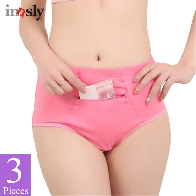 3 Pieces/Set Women Panties with Pocket Big Size Female Cotton Underwear with Zipper High Quality Novel Breathable Ladies Briefs