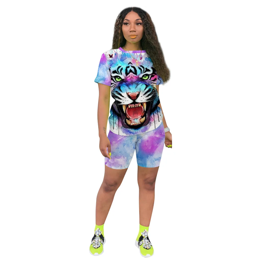 

Summer European and American Women's Clothing Tiger Lion Printing Sport Pants Suit Two-Piece Nightclub Set