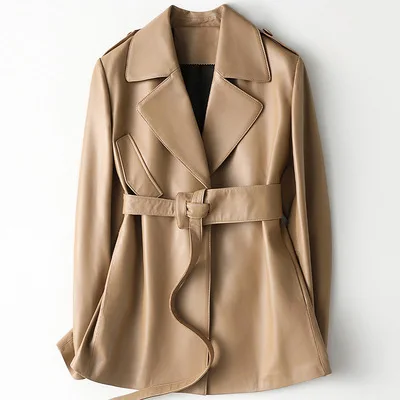 Chaqueta de cuero de longitud media para mujer, chaqueta de piel de oveja ajustada a la moda, novedad de 2021