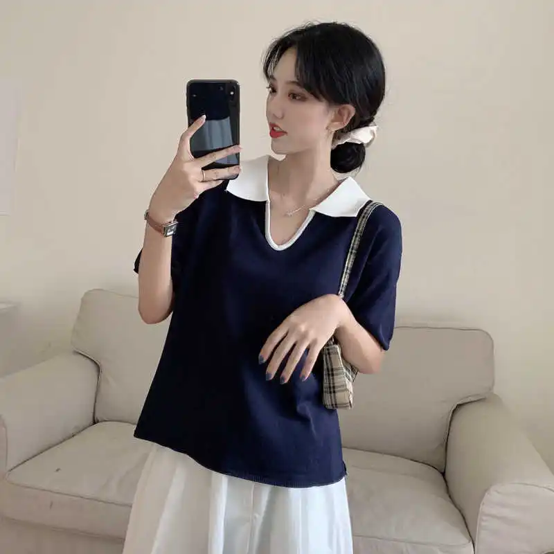 

Summer New V-neck Short Sleeve Polo Collar Slimming Loose Ice Silk Top Women's Ins Fashion Knitwear T-shirt