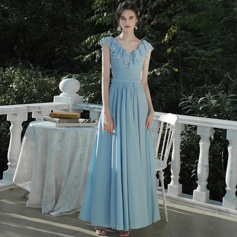 

Simple V-Neck High Waist Slim Blue Bridesmaid Dresses Classic Backless Retro Bandage A Line Women Wedding Party Gown