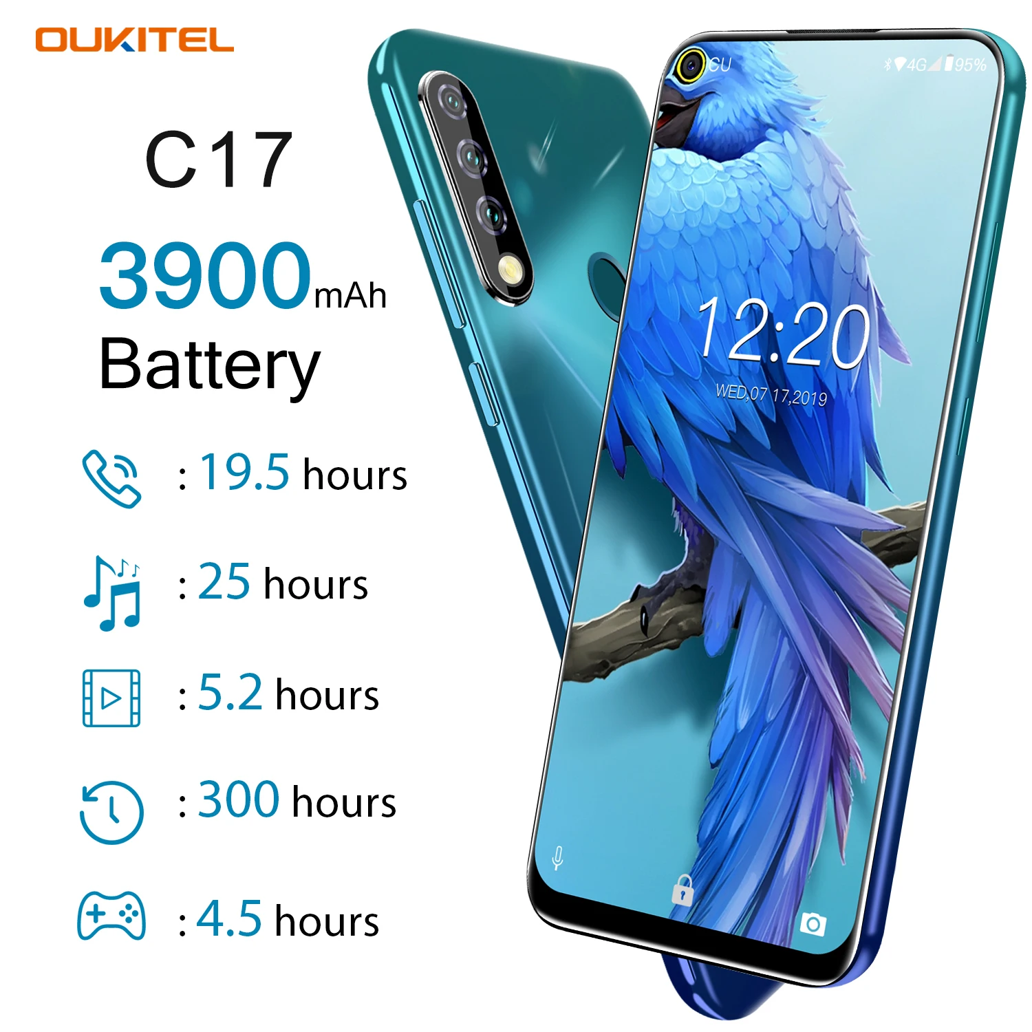 Смартфон OUKITEL C17 6,35 ''с тройной камерой MT6763, четыре ядра, Android 9,0, 3 ГБ, 16 ГБ, распознавание лица, отпечаток пальца, 4G, мобильный телефон, 3900 мА/ч