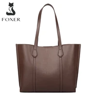 FOXER Summer Ladies Elegant Retro Handbag Split Leather Commuter Casual Tote Bag Large Capacity Office Shoulder Bag Popular