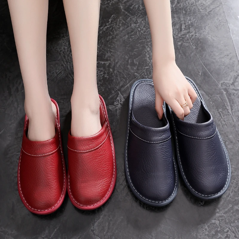 Pink Leather Slippers Unisex Big Size 45 46 Indoor Brand Shoes For Woman Anti-Slip Slippers Female Home Shoes