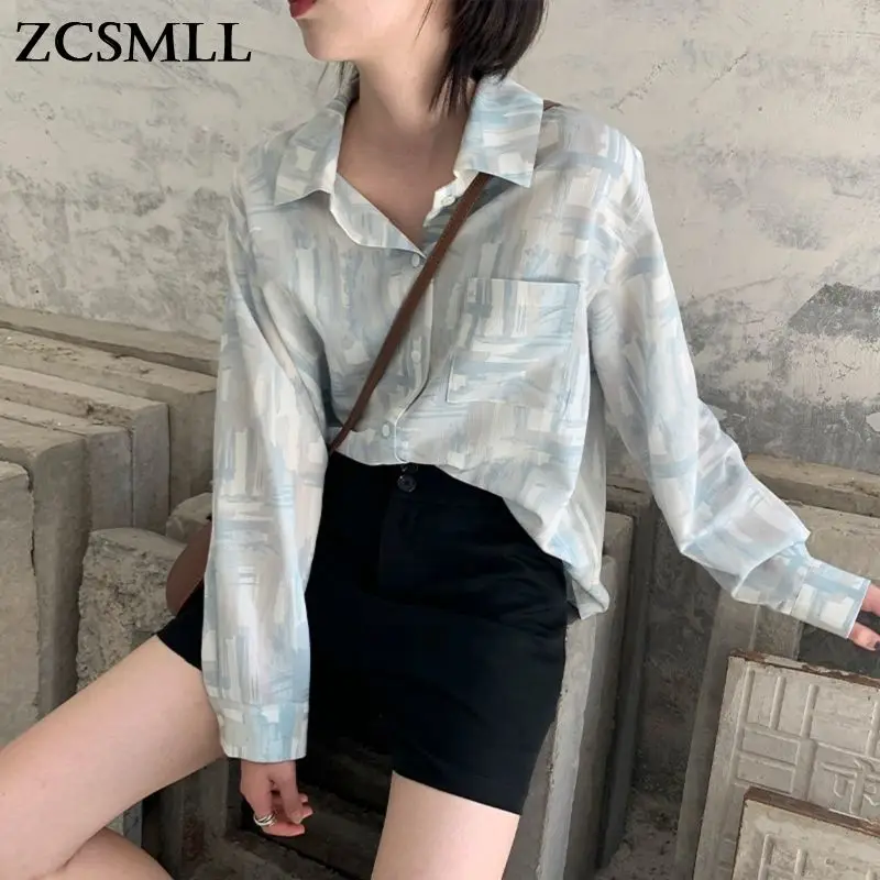 

Свободная Женская рубашка ZCSMLL с принтом, с длинным рукавом и отложным воротником, корейская мода, новинка 2021, летние женские повседневные то...