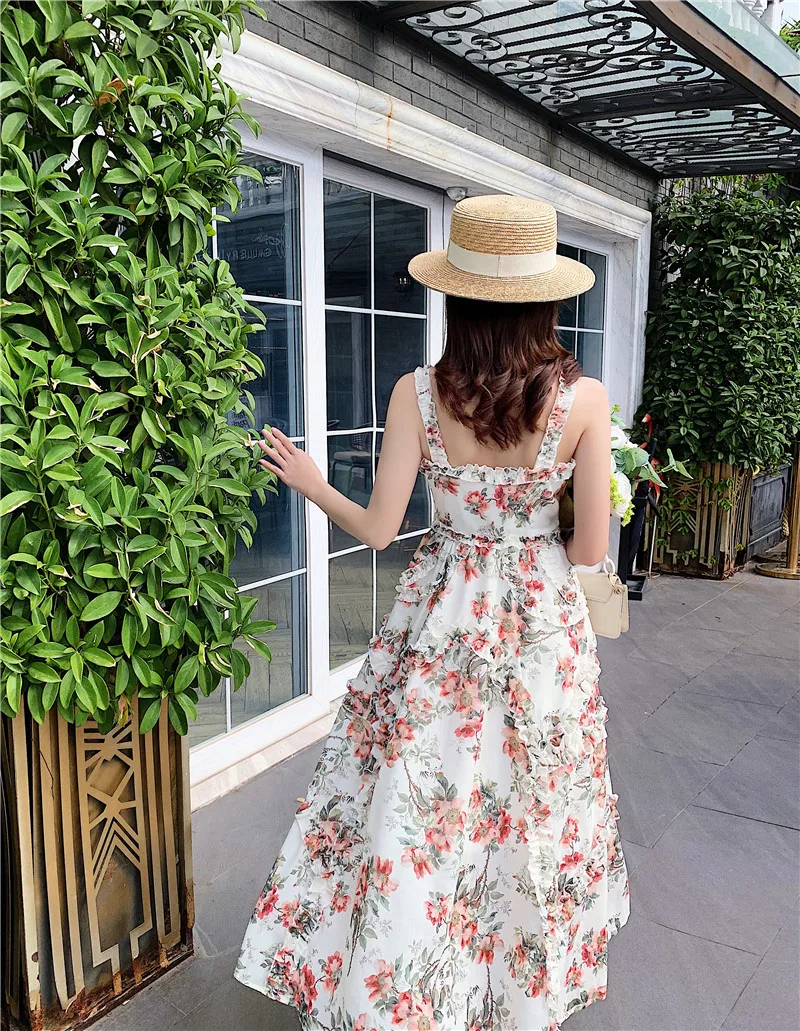 

DALMAZZO Women Fashion Slash Neck Spaghetti Strap Lacework Long Dresses Summer Print Holiday Vestidos Feminino 2021 Newest