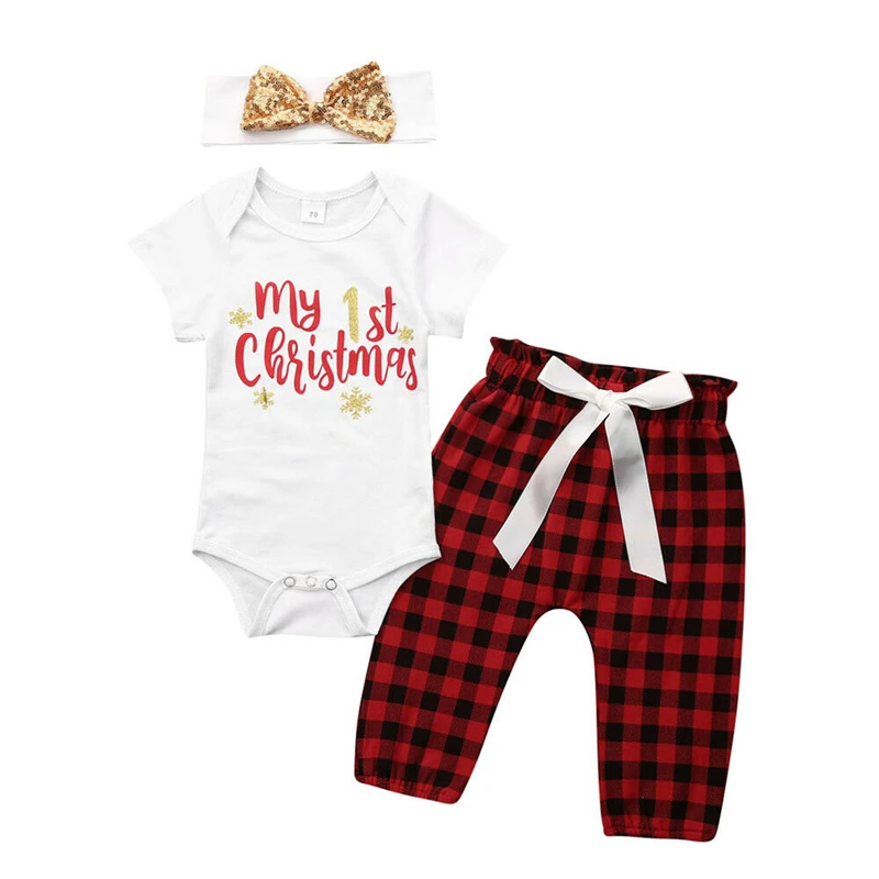 Hot Sale Baby Christmas Outfits My First Girl Boys Clothes Set Cute Bodysuit+Plaid Pants+Headband | Детская одежда и обувь