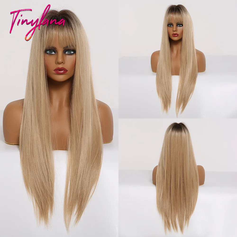 Маленькие натуральные длинные прямые волосы LANA с челкой коричневые блонд Омбре