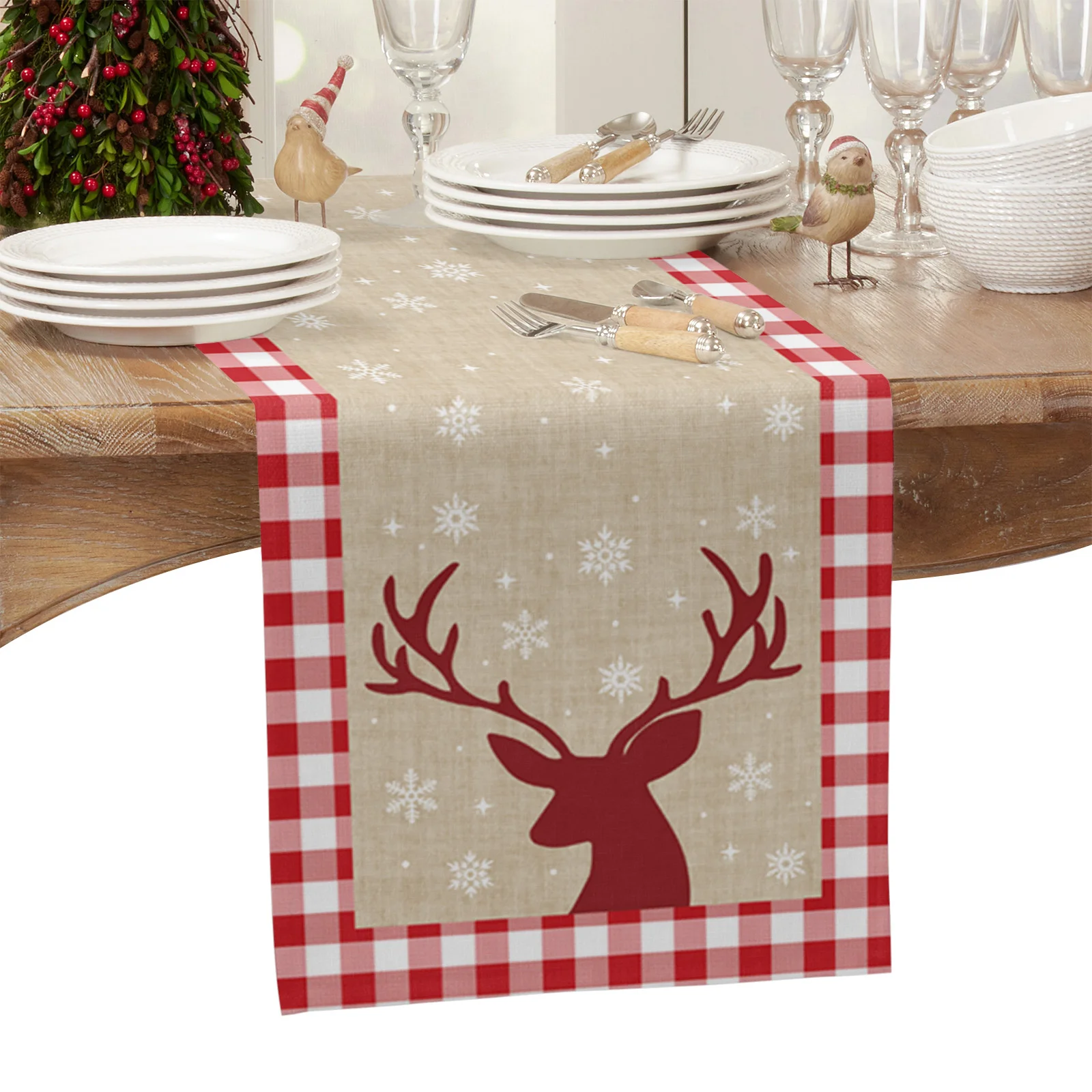 

Christmas Winter Red Plaid Elk Snowflake Table Runners Wedding Decoration Table Cover Christmas Decorations For Home Table Cloth
