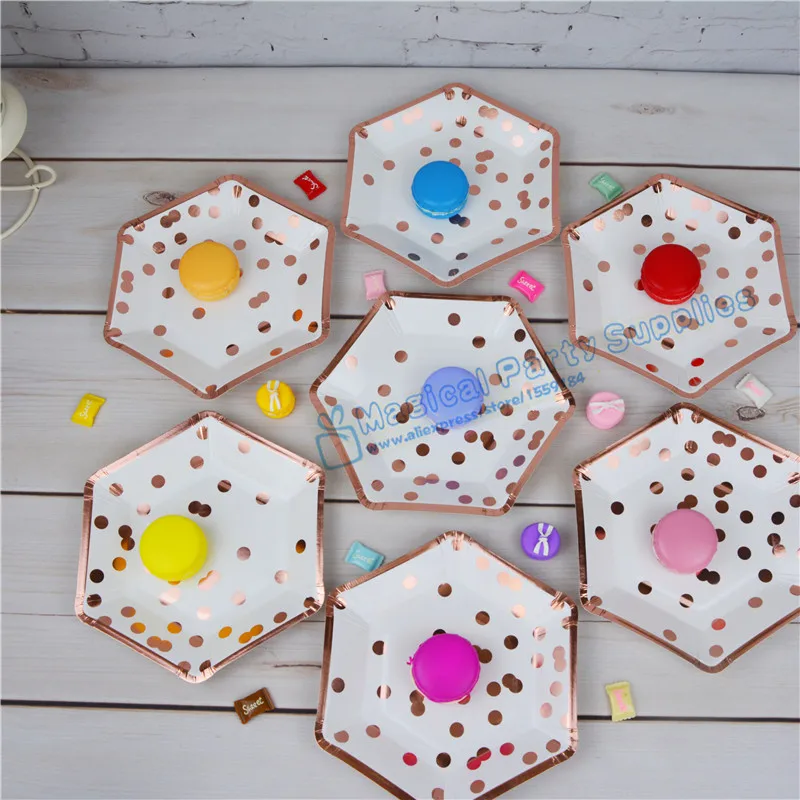 

40pcs Paper Plates Polka Dot/Marble Design Rose Gold Foil Plates for Baby Shower Birthday Party Wedding Celebration Decor