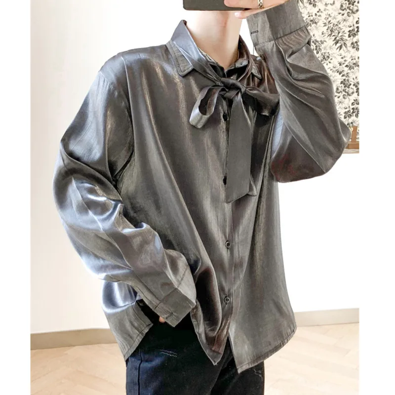 

IEFB Fashion Shiny Long Sleeve Shirt For Men Bandage Turn Down Collar Korean Trend Design Oversized Blouse For Male 2021 9Y5762
