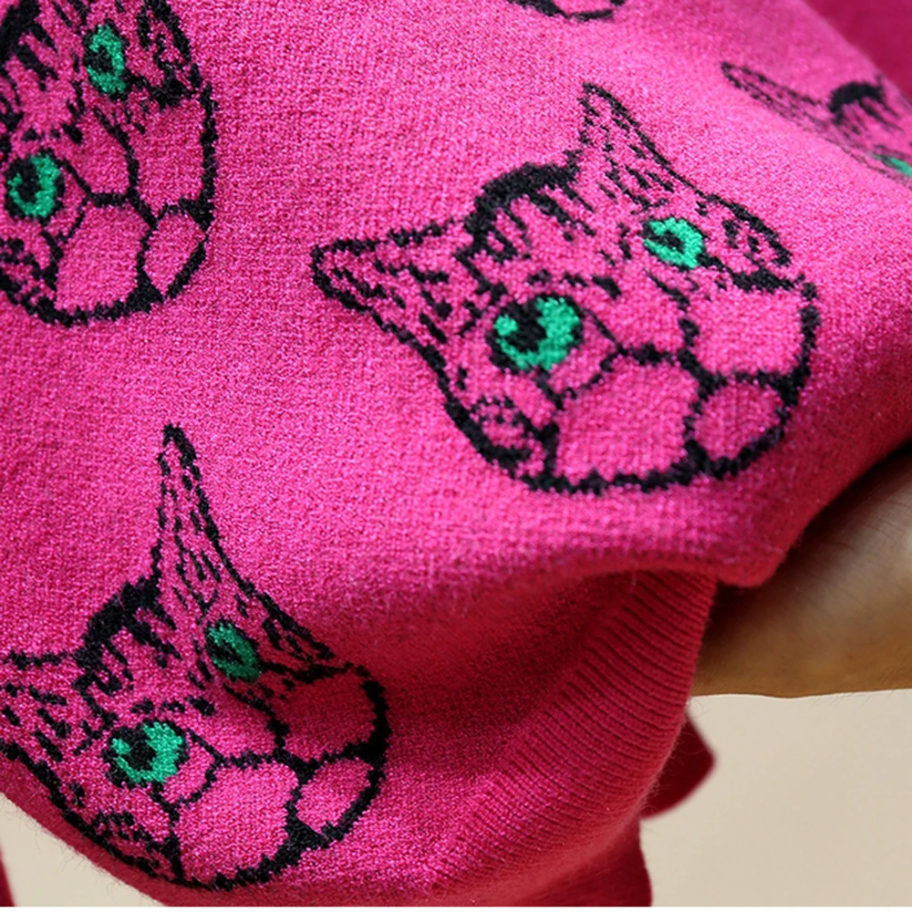 

Autumn Winter New Long Sleeve Women's Sweater Cat Heads Jacquard Round Neck