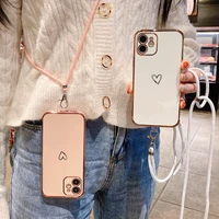 fashion crossbody strap lanyard electroplated love heart phone case for iphone 11 12 pro xs max mini xr x 8 7 plus se soft cover