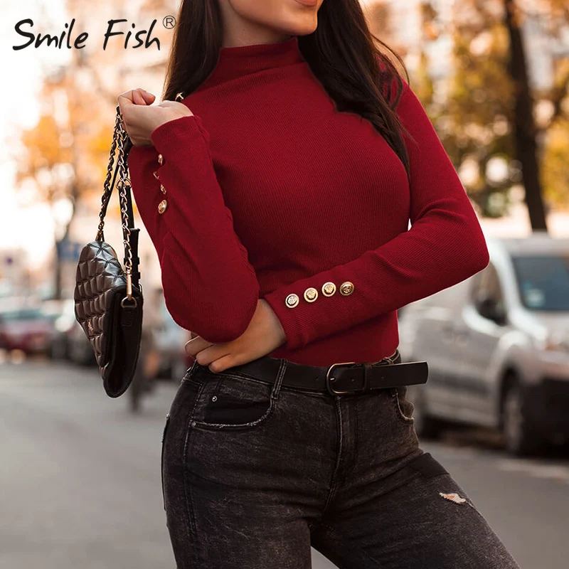 Водолазка на пуговицах с длинным рукавом Вязаные Рубашки Женские базовые
