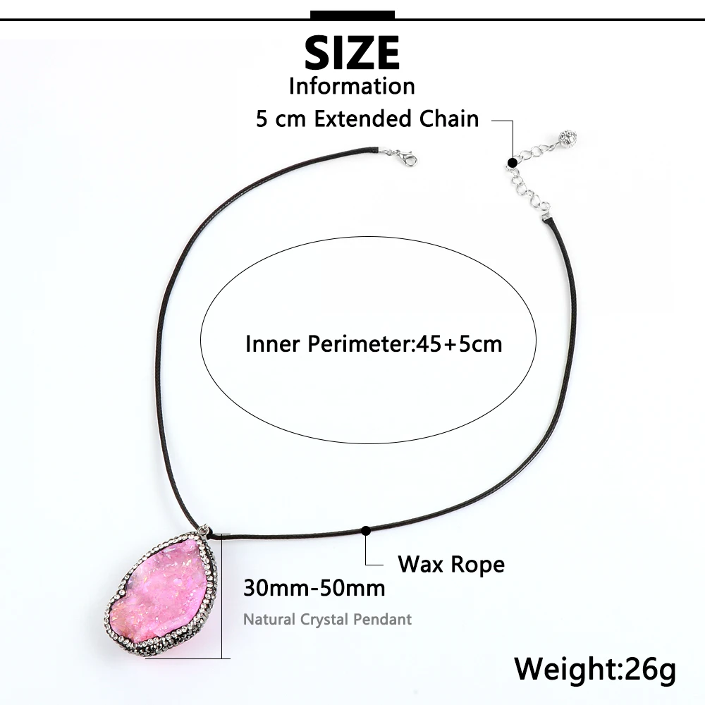 

Women Natural Stone Rose Red Blue Crystal Large Pendant Necklace Rhinestone Edged Quartz Alloy Waxed Rope Clavicle Chain Jewelry