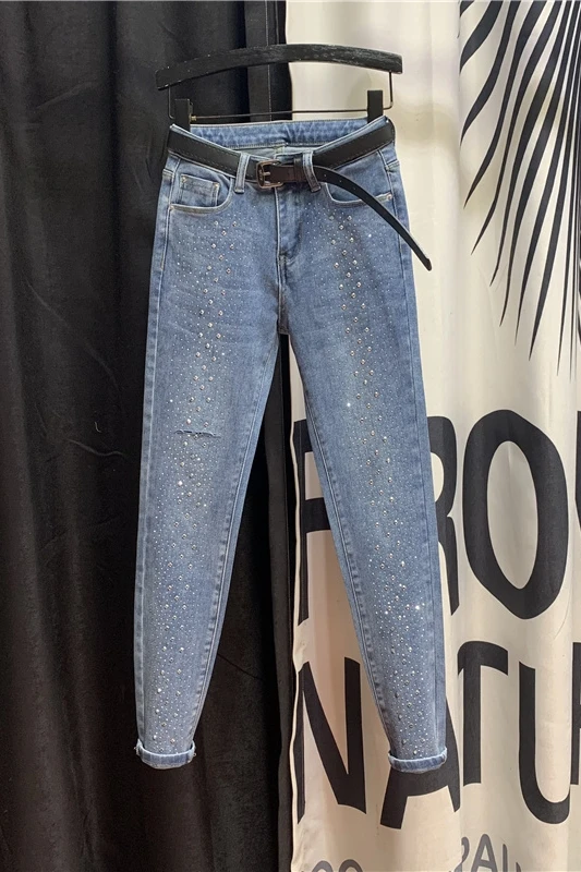

New Jeans for Womens 2021 Spring Autumn Holes Hot Drilling Denim Pants Casual Trouser Girls Lady Blue Slim Elastic Jean Pants