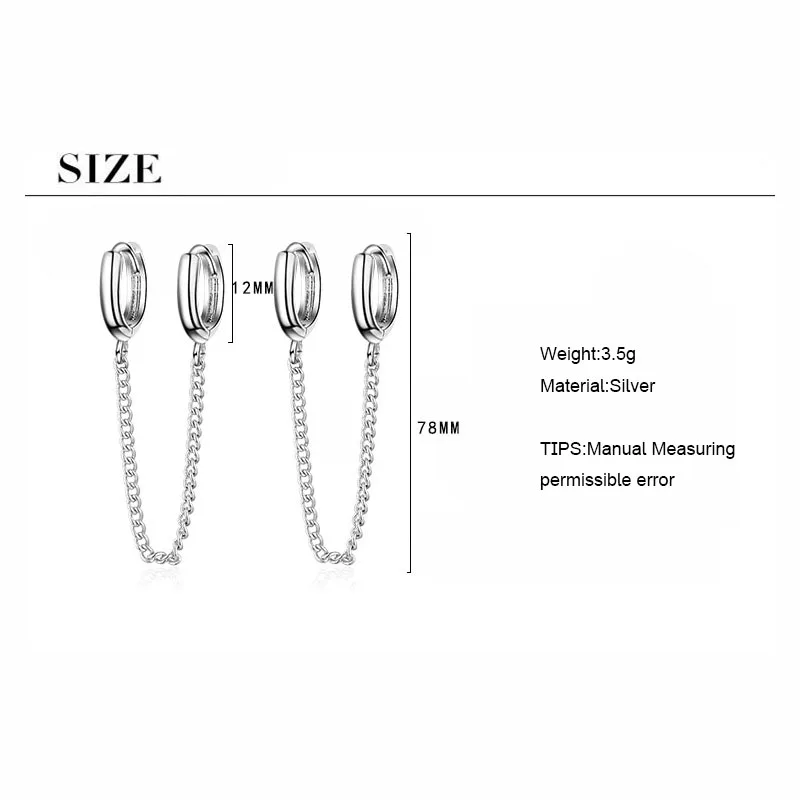 ANENJERY 1PC New 925 Sterling Silver Double Ear Hole Chain Hoop Earring For Women Minimalist Jewelry Dropshipping S-E971