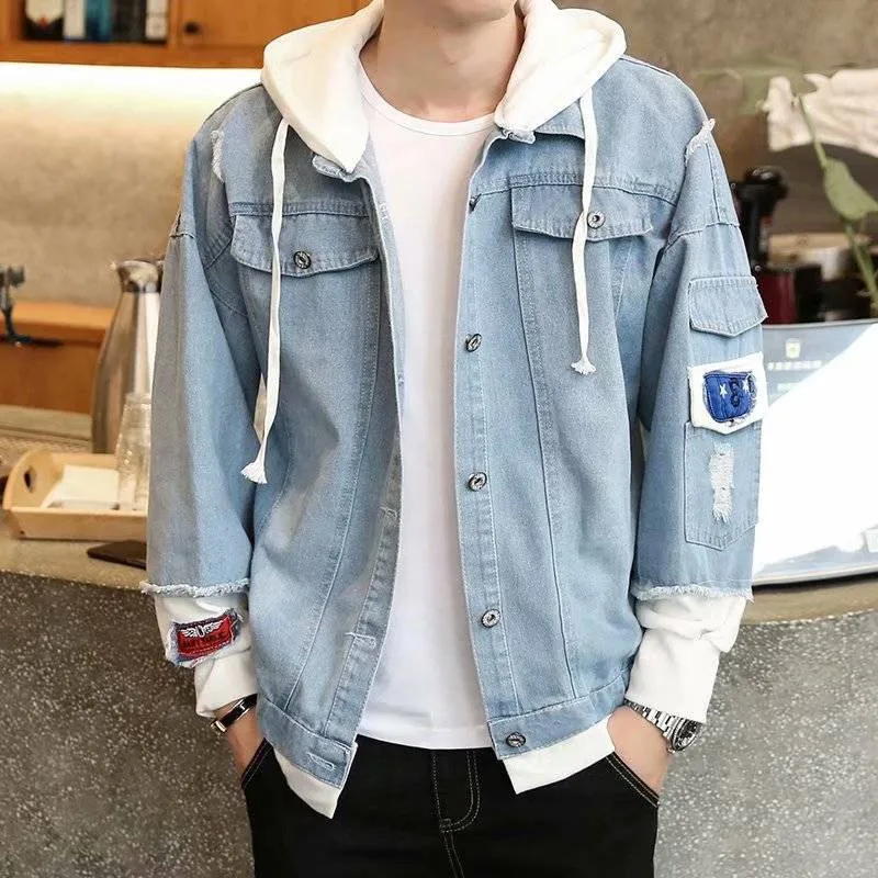 

Autumn Hooded Denim Jacket Men Fashion Fake Two Pieces Streetwear Bomber Jacket Japan Hip Hop Hoodie Man Cowboy Clothes Males