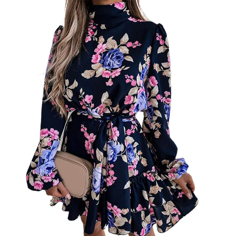 

Half High Collar Long Sleeve Mini Dress Women High Waist Floral Print A-Line Ruffle Hem Women Dress Casual Clothes Black xxxl