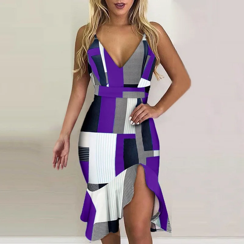 

Женское вечернее платье с оборками, элегантное платье на бретельках с геометрическим цветочным принтом и глубоким V-образным вырезом, ажурн...